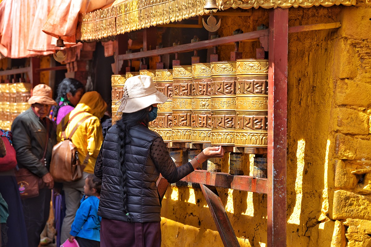 Believers Turning Prayer Wheels at Jokhang Temple